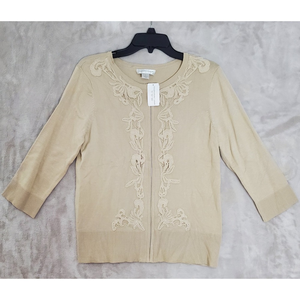 Christopher & Banks Zip-Up Cardigan Womens M Floral Lace Trim Tan Beige NWT